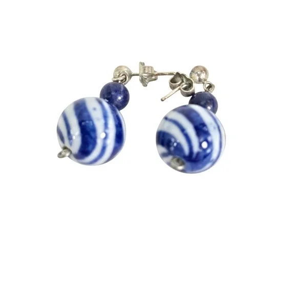 Blue Ceramic Porcelain Basket Weave Bead Necklace Earrings Set Coco 925 - Picture 4 of 9